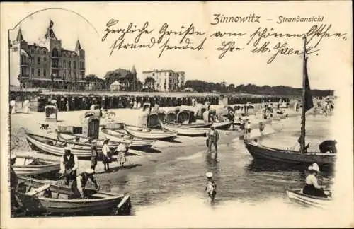 Ak Ostseebad Zinnowitz auf Usedom, Strand, Ruderboote