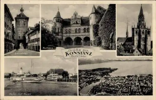 Ak Konstanz am Bodensee, Panorama, Schnelztor, Rathaus, Münster, Hafen mit Konzil, Dampfer