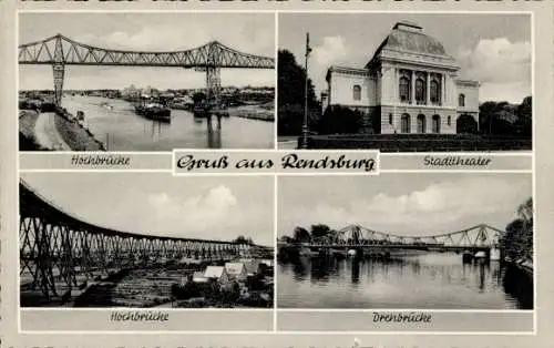 Ak Rendsburg in Schleswig Holstein, Hochbrücke, Stadttheater, Drehbrücke