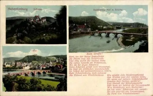 Ak Hohenlimburg Hagen in Westfalen, Panorama, Schloss, Bentheimer Hof mit Brücke, Gedicht