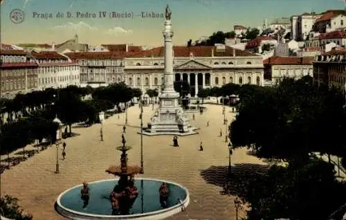 Ak Lisboa Lissabon Portugal, Praca de D. Pedro IV, Platz, Denkmal, Springbrunnen