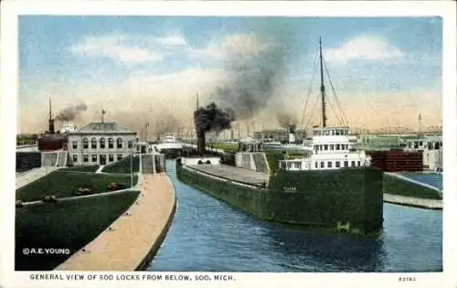 Ak Michigan, Gesamtansicht von Soo-Locks von unten