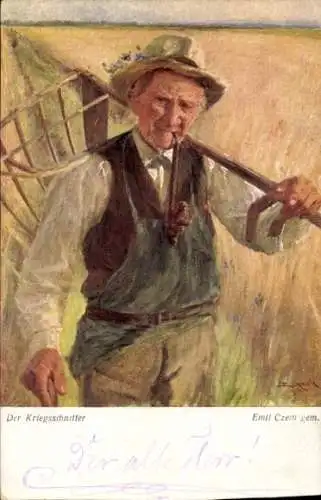 Künstler Ak Czech, E., Kriegsschnitter, Alter Mann mit Pfeife, Porträt