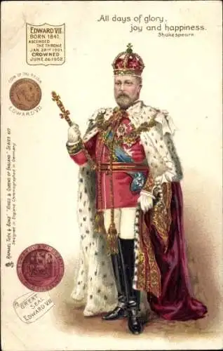 Litho König Edward VII. von England, Standportrait, Königliche Insignien, Krone, Münze