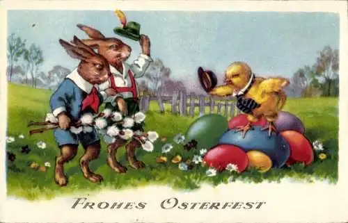 Ak Glückwunsch Ostern, Osterhasen, Küken, Weidenkätzchen, Ostereier