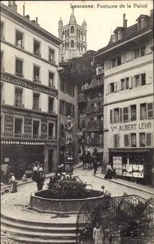 Ak Lausanne Kanton Waadt, Fontaine de la Palud, Brunnen, Straßenpartie