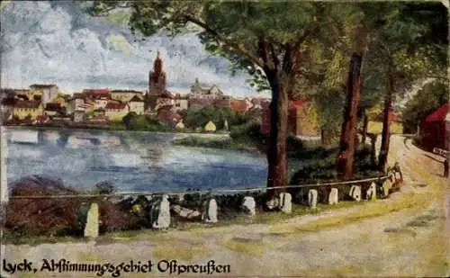 Künstler Ak Ełk Lyck Masuren Ostpreußen, Abstimmungsgebiet, Wasserpartie mit Blick zur Stadt