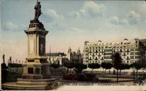 Ak Donostia San Sebastian Baskenland, Statue von Admiral Oquendo