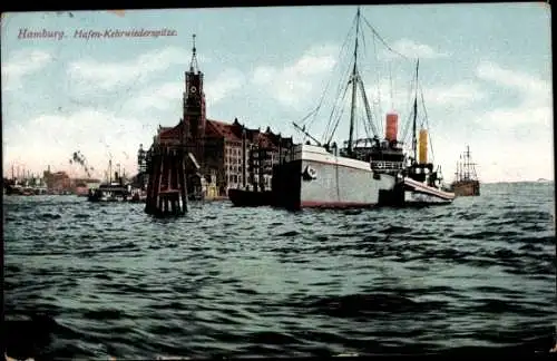 Ak Hamburg, Hafen, Kehrwiederspitze, Dampfer vor Anker