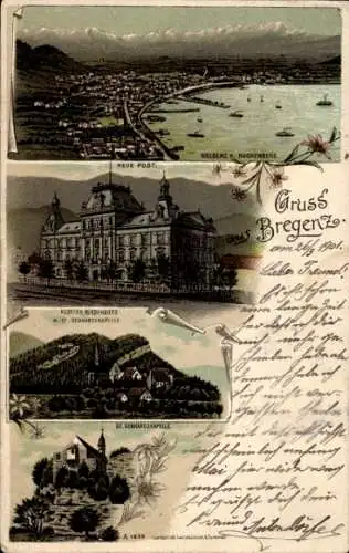 Litho Bregenz am Bodensee Vorarlberg, Neue Post, Kloster, Gebhardskapelle