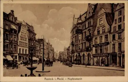 Ak Hansestadt Rostock, Hopfenmarkt, Geschäftshäuser, Automobile Benz