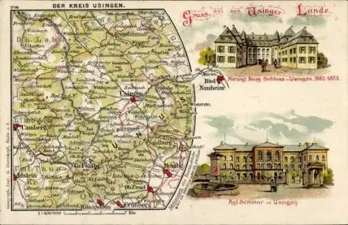 Landkarten Litho Usingen, Herzogl. Nass. Schloss, Kgl. Seminar, Taunus, Camberg, Idstein, Cronberg