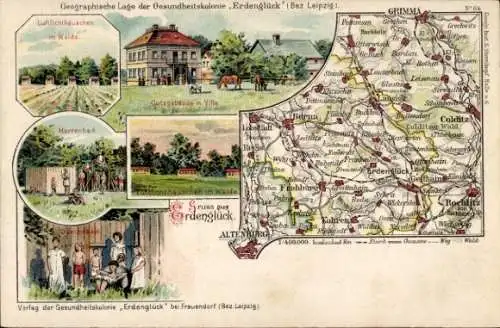 Landkarten Litho Frauendorf Frohburg in Sachsen, Gesundheitskolonie Erdenglück, Gutsgebäude, Villa