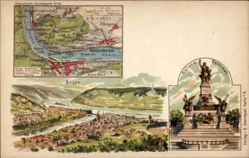 Landkarten Litho Bingen am Rhein, Panorama, Niederwald-Nationaldenkmal