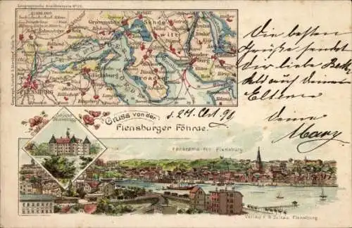 Landkarten Litho Flensburg in Schleswig Holstein, Panorama, Flensburger Föhrde, Schloss Glücksburg