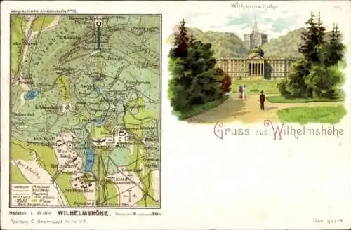 Landkarten Litho Bad Wilhelmshöhe Kassel in Hessen, Schlosspark, Anlagen