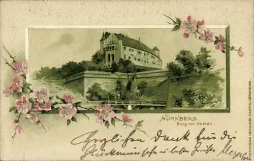 Passepartout Litho Nürnberg, Burg von Westen, blühende Zweige