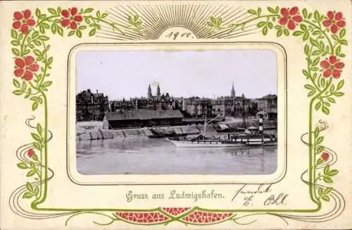 Jugendstil Präge Passepartout Ak Ludwigshafen am Rhein, Teilansicht, Schiffe