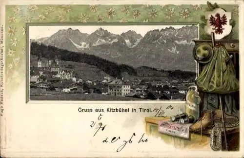 Präge Passepartout Ak Kitzbühel in Tirol, Gesamtansicht, Wanderausrüstung, Rucksack, Wappen