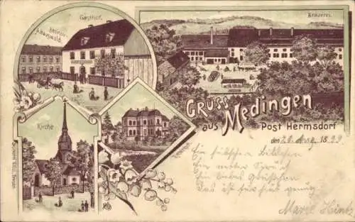 Litho Medingen Ottendorf Okrilla Sachsen, Brauerei, Gasthof A. Hauswald, Rittergut, Kirche