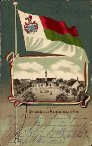 Passepartout Litho Roßlau an der Elbe Anhalt, Marktplatz, Flagge