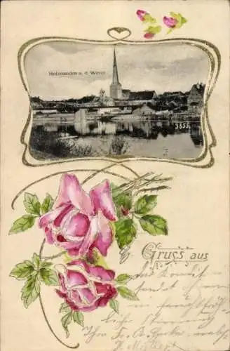 Präge Passepartout Ak Holzminden an der Weser, Teilansicht, Kirche, Rosen