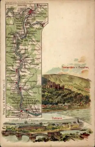 Landkarten Litho Koblenz am Rhein, Panorama, Stolzenfels, Capellen