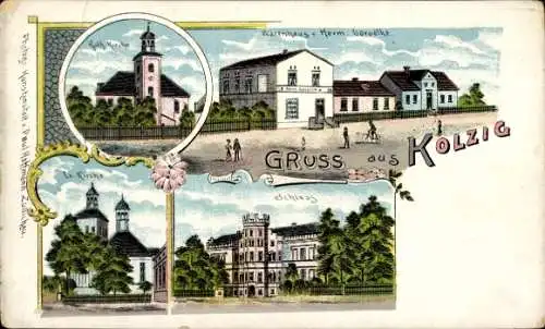 Litho Kolsko Kolzig Niederschlesien, Warenhaus Herm. Garsolke, Schloss, Kath. Kirche, Ev. Kirche