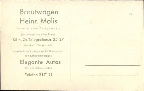 Ak Köln am Rhein, Brautwagen mit Pferdegespann, Heinrich Molis, Oldtimer