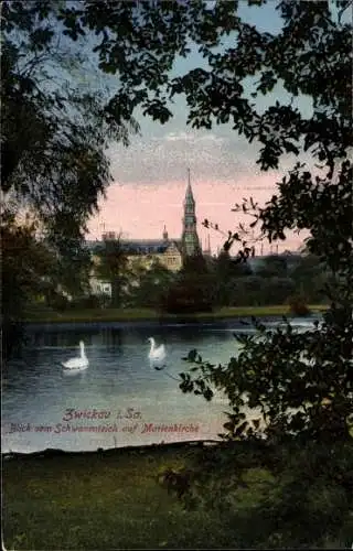 Ak Zwickau in Sachsen, Marienkirche vom Schwanenteich