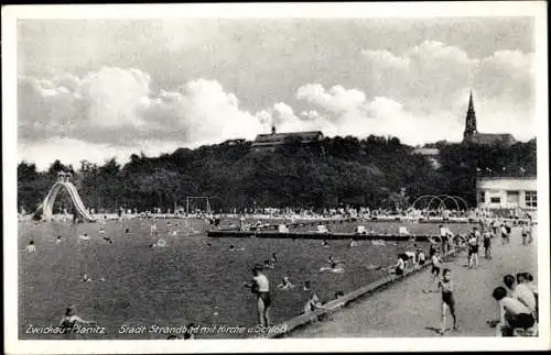 Ak Zwickau in Sachsen, städtisches Strandbad mit Kirche und Schloss