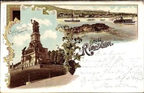 Litho Rüdesheim am Rhein, Niederwald Nationaldenkmal, Dampfer