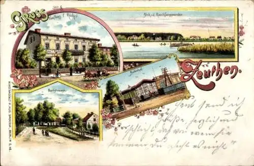 Litho Zeuthen in der Mark, Kaufhaus F. Rücker, Rauchfangswerder, Dorfstraße, Bahnhof