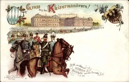 Litho Würzburg am Main Unterfranken, Kaisermanöver, Königl. Schloss, Kaiser Wilhelm II, 1897