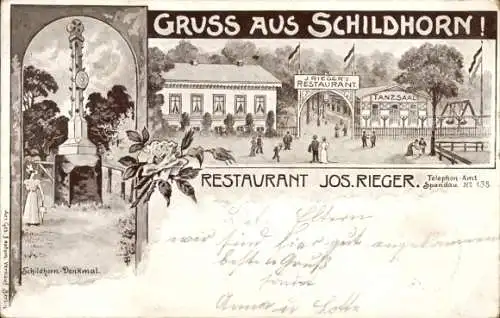 Künstler Ak Berlin Wilmersdorf Grunewald, Schildhorn, Restaurant Jos. Rieger, Denkmal