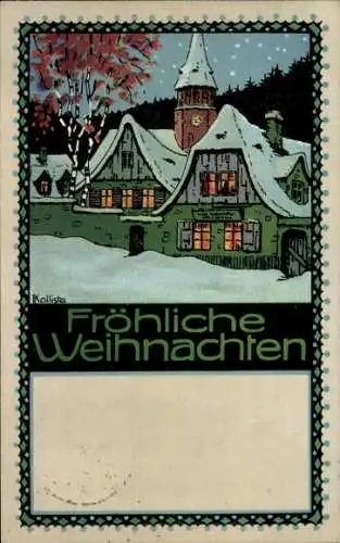 Künstler Ak Kallista, Frohe Weihnachten, Dorf im Winter, beleuchtete Fenster