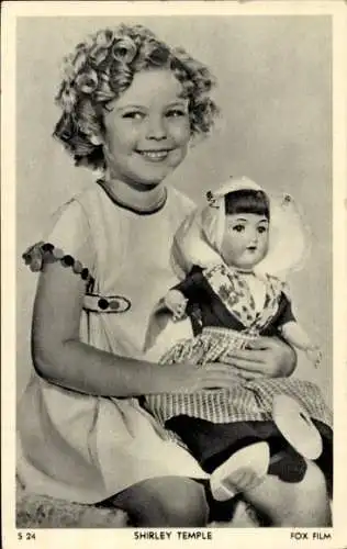 Ak Schauspielerin Shirley Temple, Portrait mit Trachtenpuppe