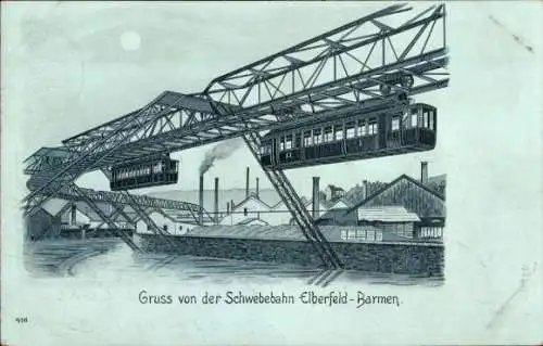 Mondschein Litho Wuppertal Elberfeld Barmen Nordrhein Westfalen, Schwebebahn