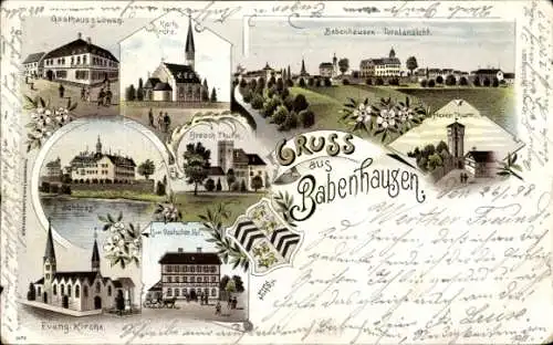 Litho Babenhausen in Hessen, Gasthaus zum Löwen, Kirche, Schloss, Hexenturm, Zum Deutschen Hof