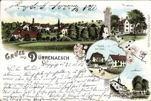 Litho Dürrenäsch Kanton Aargau, Panorama, Gasthof zum Löwen, Schulhaus, Privathaus