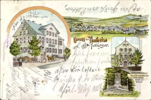 Litho Talheim bei Tuttlingen Württemberg, Panorama, Geburtshaus von Max Schneckenburger