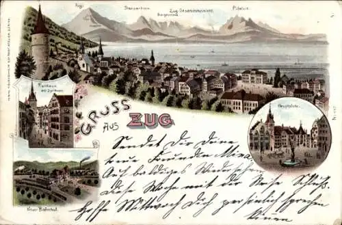 Litho Zug Stadt Schweiz, Gesamtansicht, Neuer Bahnhof, Rathaus, Hauptplatz