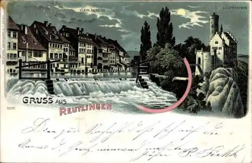 Mondschein Litho Reutlingen in Württemberg, Klein Venedig, Lichtenstein