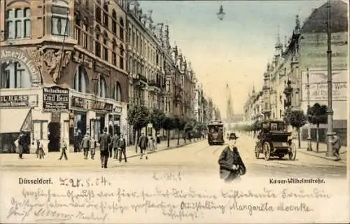 Ak Düsseldorf am Rhein, Kaiser Wilhelm Straße, Wechselbureau Emil Hess, Straßenbahn