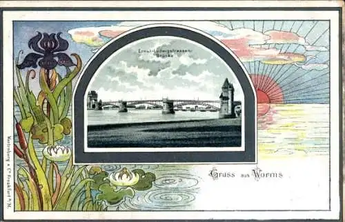 Passepartout Jugendstil Ak Worms am Rhein, Ernst-Ludwigstraßen-Brücke