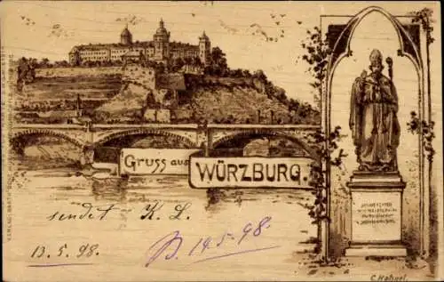 Künstler Litho Hahnel, C., Würzburg am Main Unterfranken, Gesamtansicht, Brücke, Denkmal