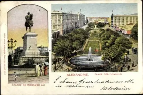 Ak Alexandria Ägypten, Place des Consuls, Statue von Mohamed Ali