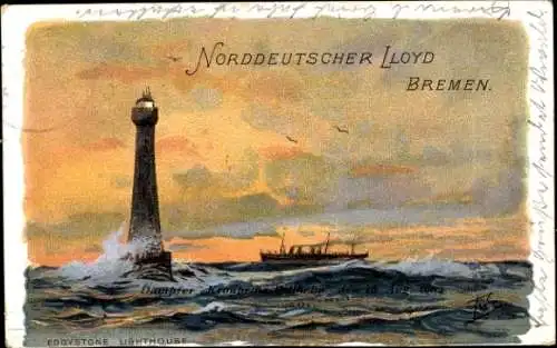 Künstler Ak Norddeutscher Lloyd Bremen, Dampfer Kronprinz Wilhelm, Eddystone Lighthouse