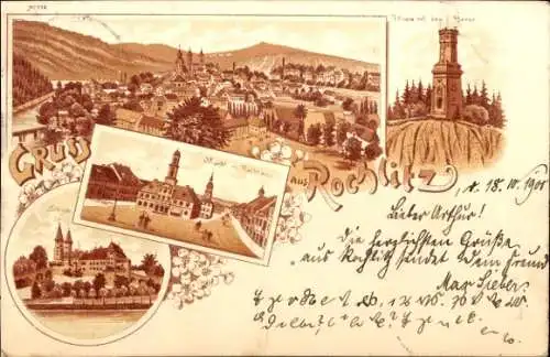 Litho Rochlitz an der Mulde, Schloss, Turm, Markt mit Rathaus