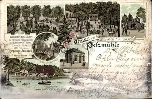Litho Siegmar Chemnitz in Sachsen, Pelzmühle, Bes. Arthur Peter, Affenhaus, Rehgehege, Konditorei